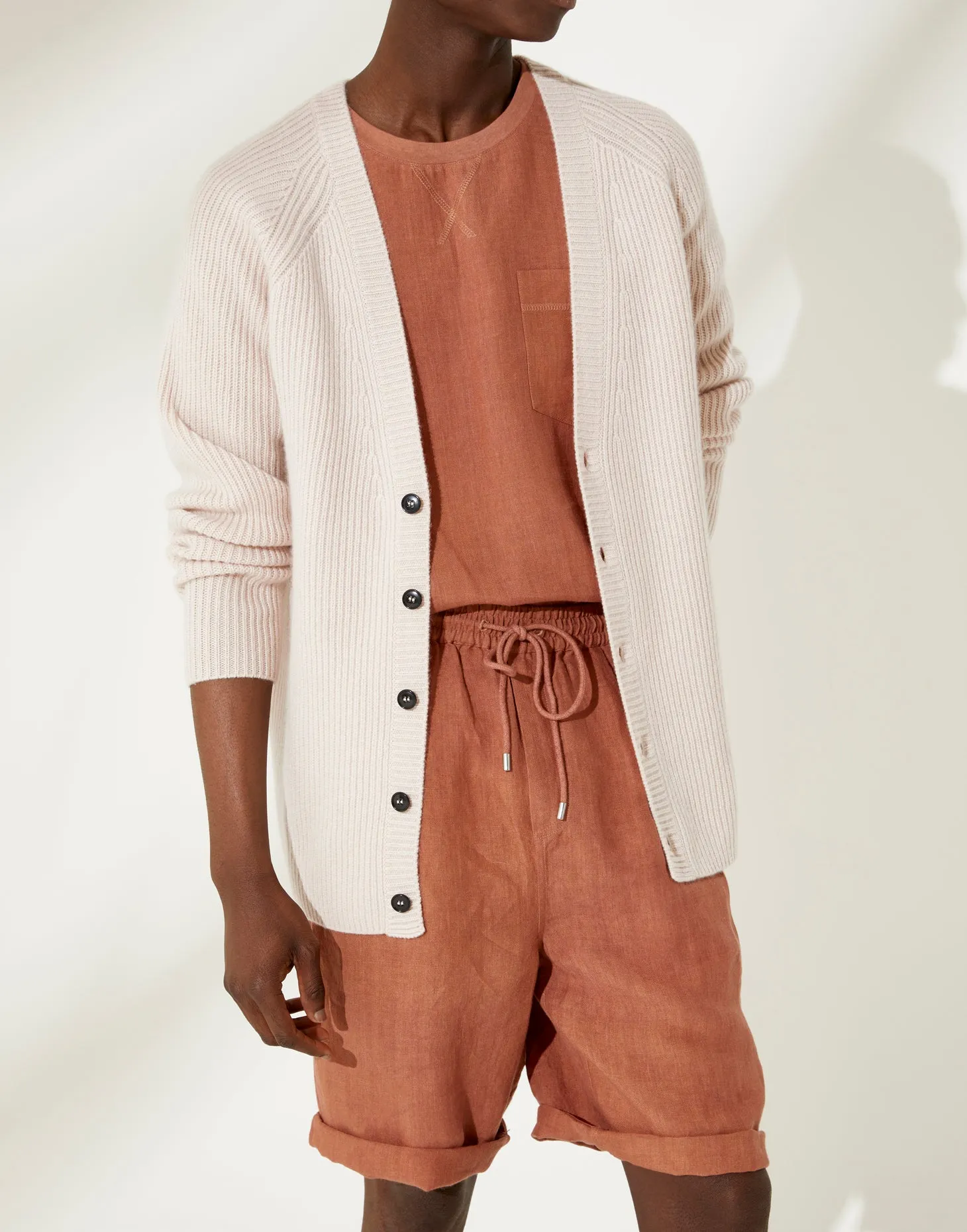 100% Cashmere Ribbed Cardigan in Shell Pink
