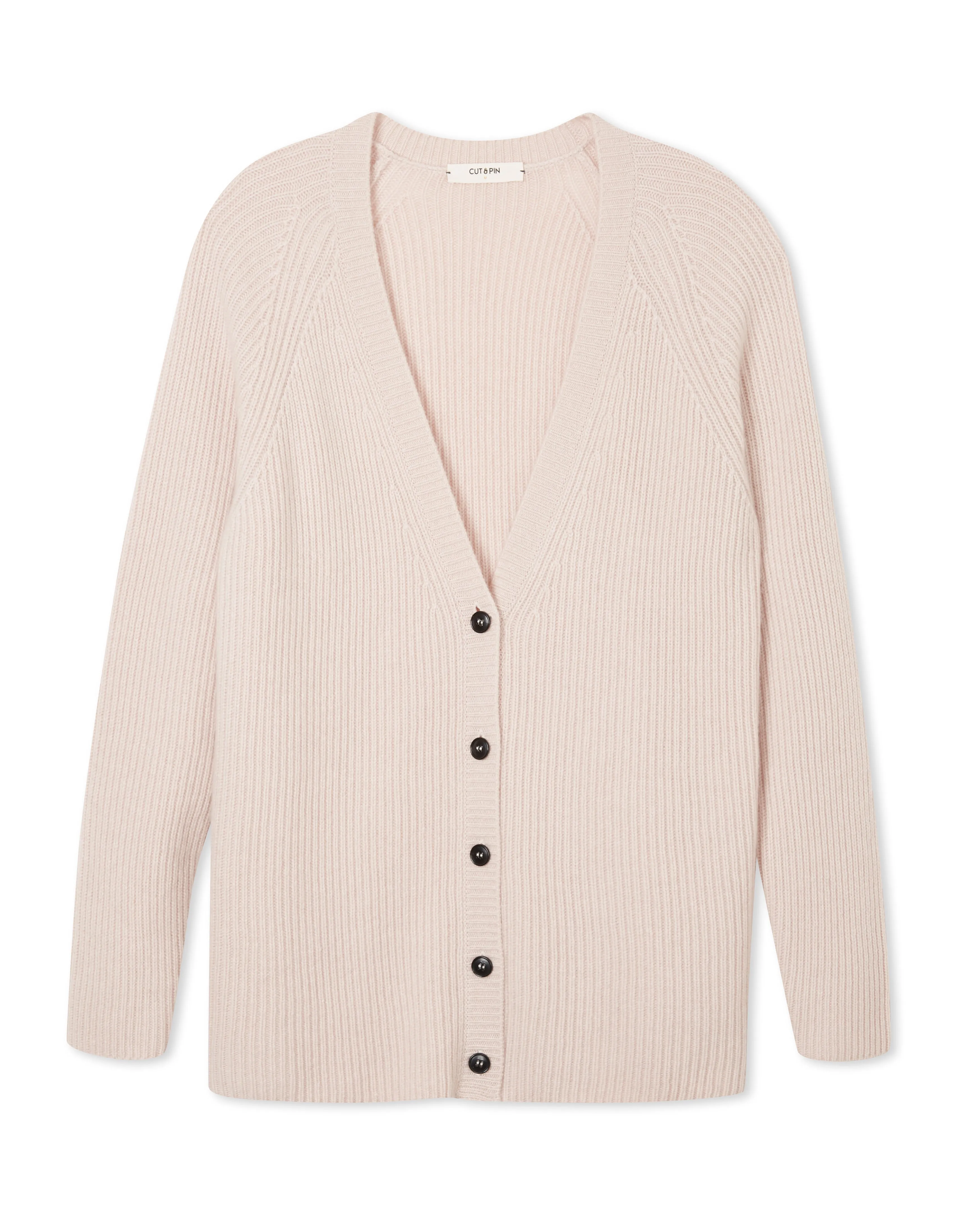 100% Cashmere Ribbed Cardigan in Shell Pink