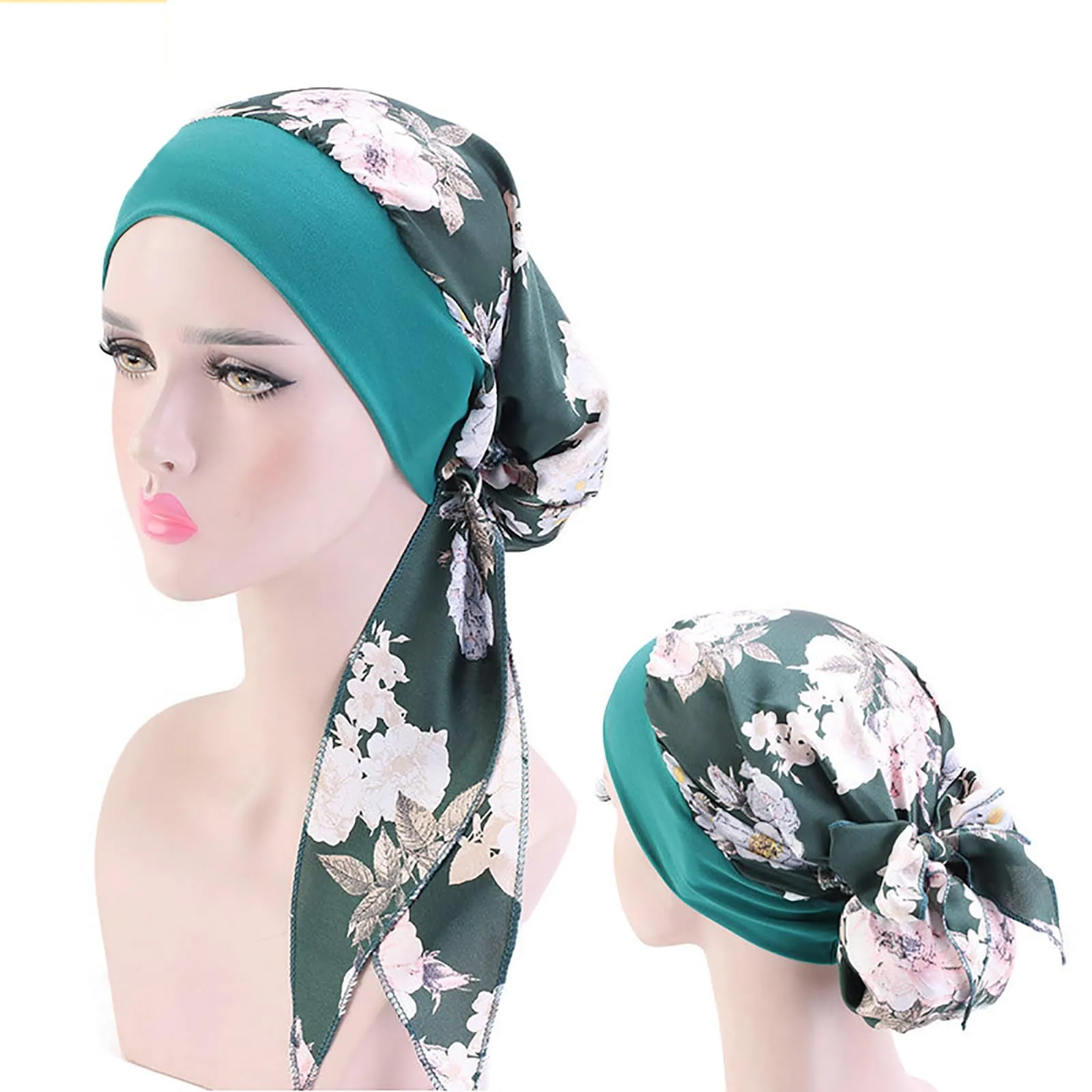 4 Pcs Women Head Scarf Pre-Tied Head Scarves Beanies Covers Cap Stretch Print Sleep Turban Hat Ruffle Beanie Style06