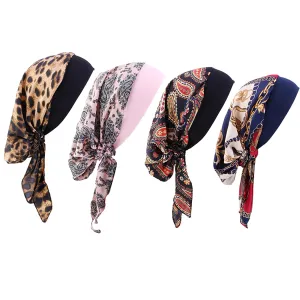 4 Pcs Women Head Scarf Pre-Tied Head Scarves Beanies Covers Cap Stretch Print Sleep Turban Hat Ruffle Beanie Style06