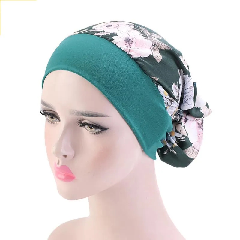 4 Pcs Women Head Scarf Pre-Tied Head Scarves Beanies Covers Cap Stretch Print Sleep Turban Hat Ruffle Beanie Style06
