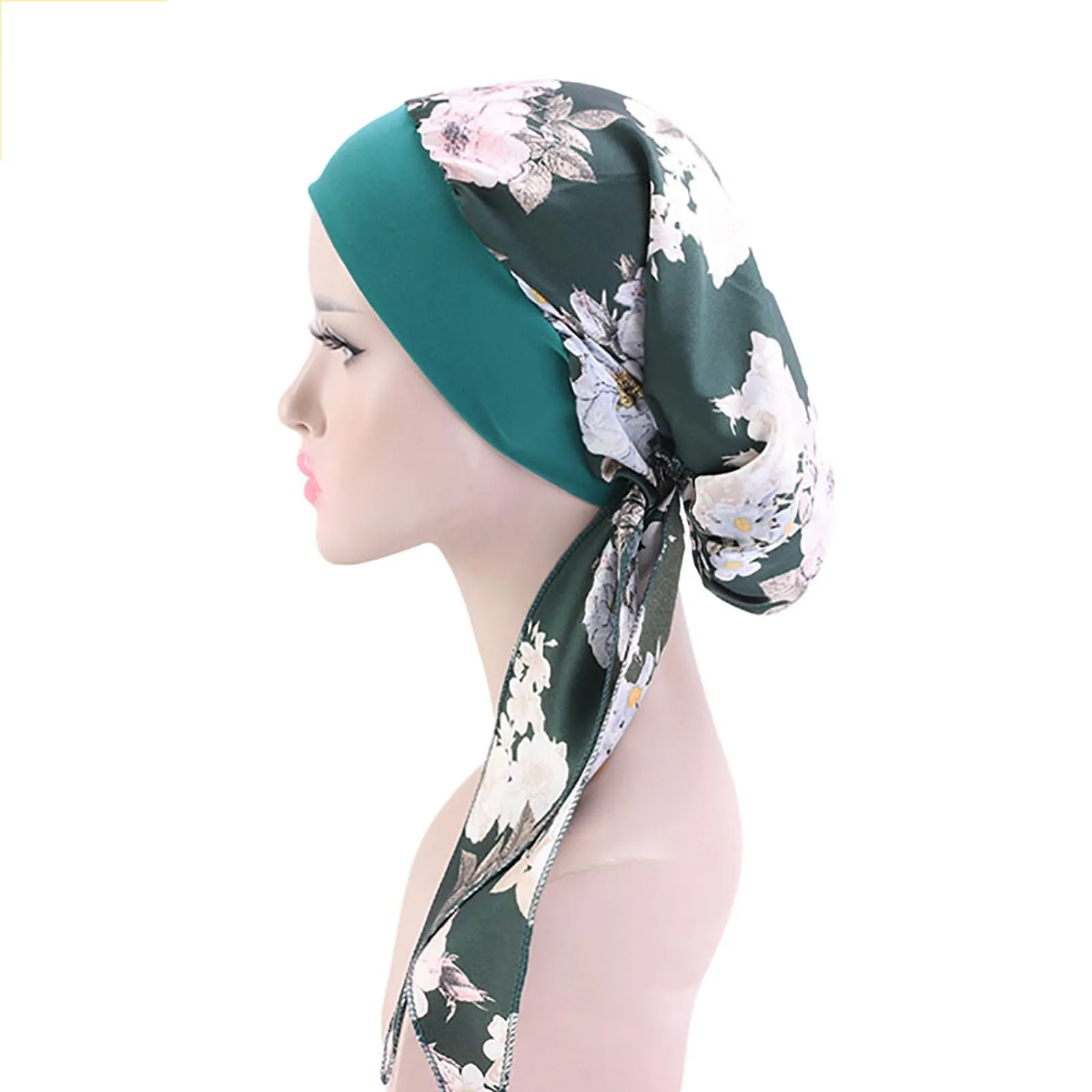 4 Pcs Women Head Scarf Pre-Tied Head Scarves Beanies Covers Cap Stretch Print Sleep Turban Hat Ruffle Beanie Style06