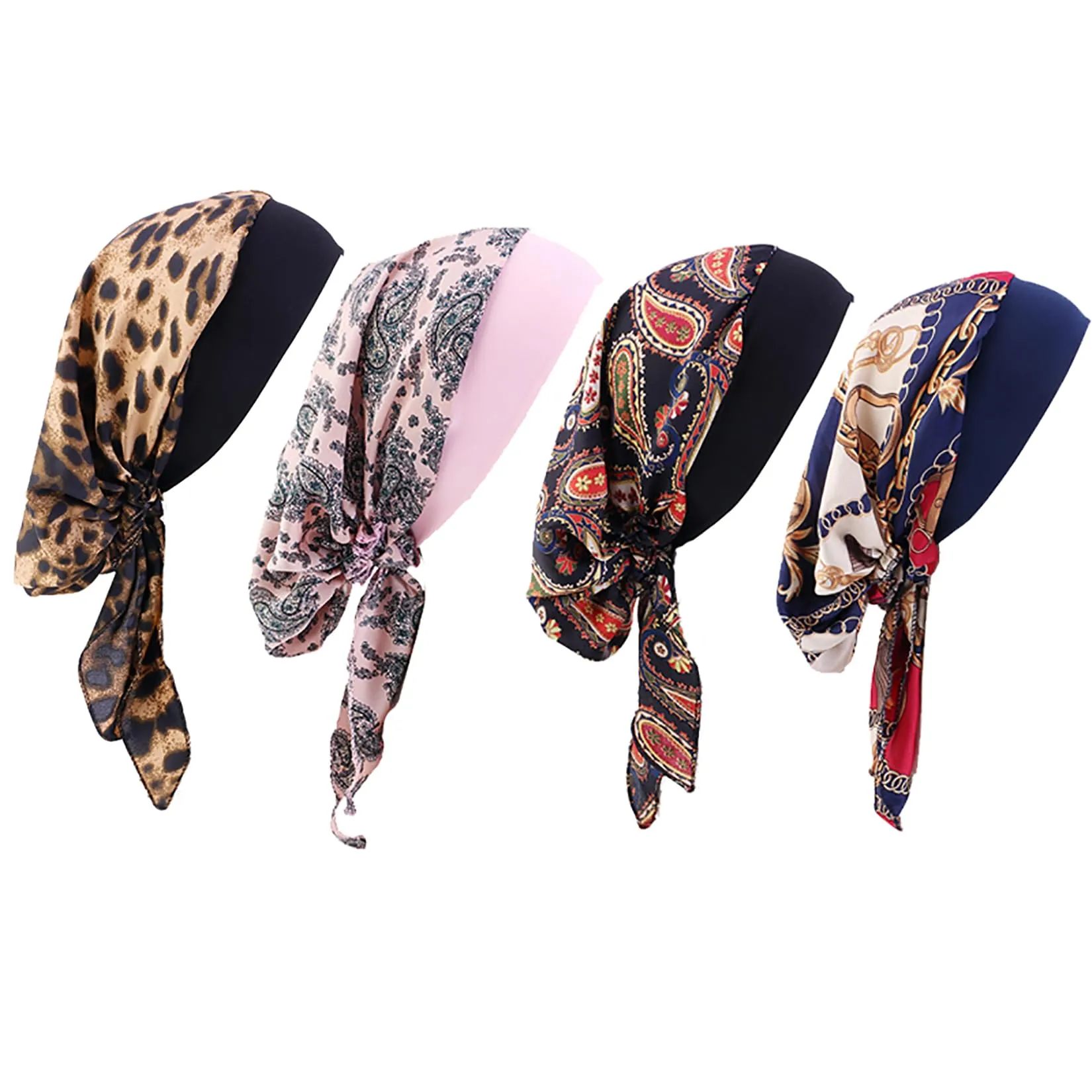 4 Pcs Women Head Scarf Pre-Tied Head Scarves Beanies Covers Cap Stretch Print Sleep Turban Hat Ruffle Beanie Style06