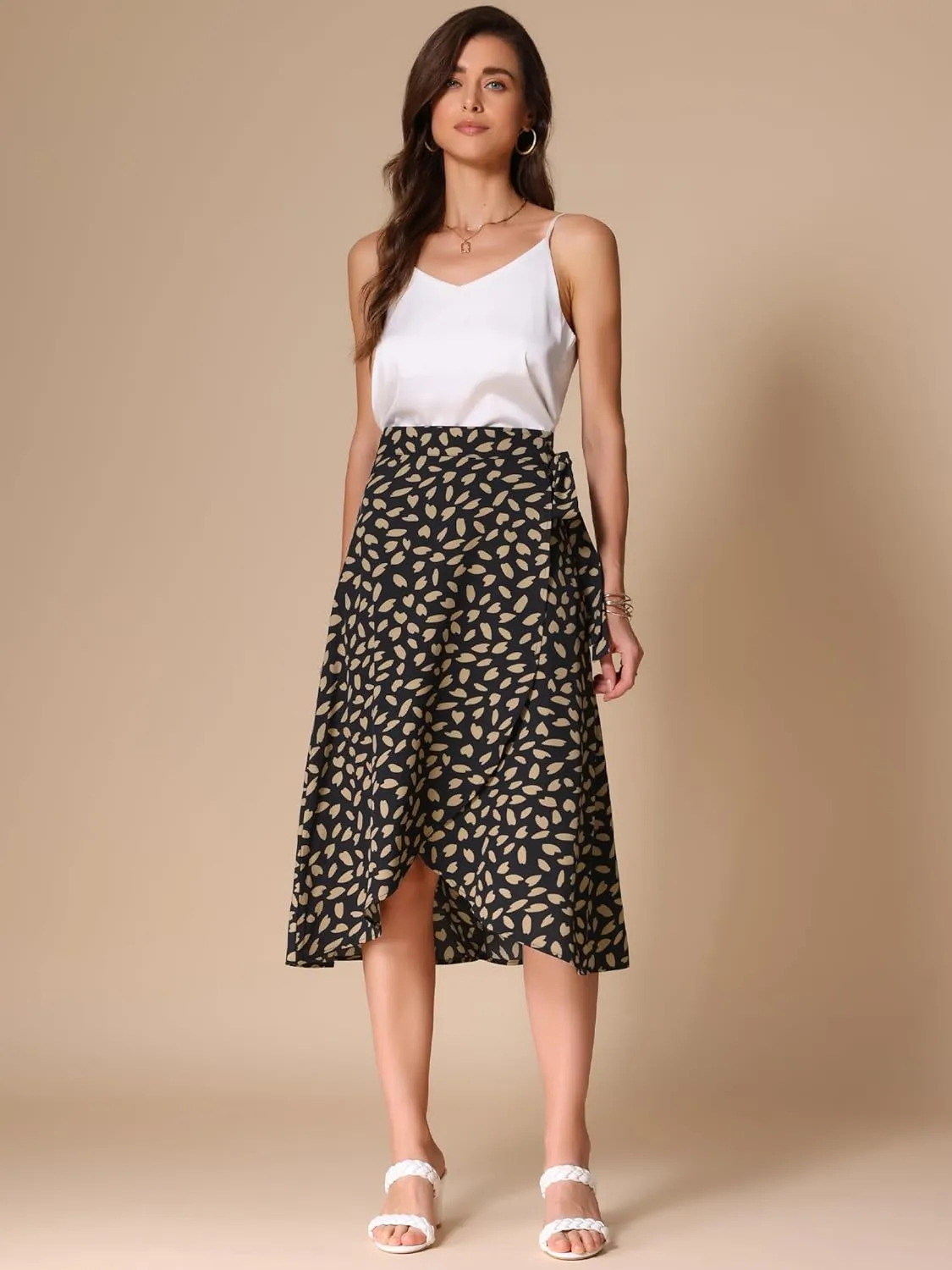 Allegra K Women's Printed Midi Skirt Tie Front Split Floral Wrap Skirts
