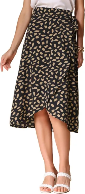 Allegra K Women's Printed Midi Skirt Tie Front Split Floral Wrap Skirts