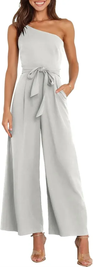 ANRABESS Women Summer Dressy Jumpsuits One Shoulder Sleeveless Casual Wide Leg Pants Romper Jumper 2025 Trendy Outfits
