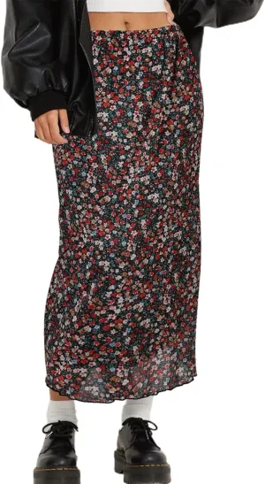 Avanova Women Mesh Floral Boho High Waist Midi Skirt Lettuce Trim Summer A Line Skirt