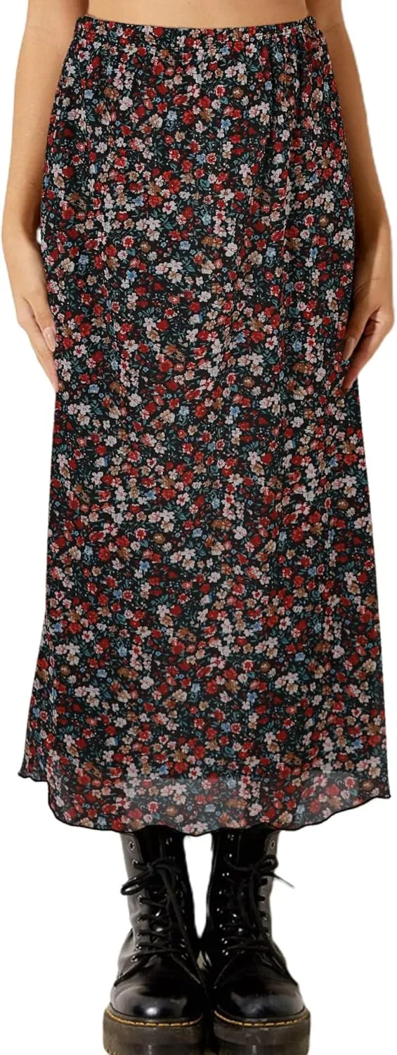 Avanova Women Mesh Floral Boho High Waist Midi Skirt Lettuce Trim Summer A Line Skirt