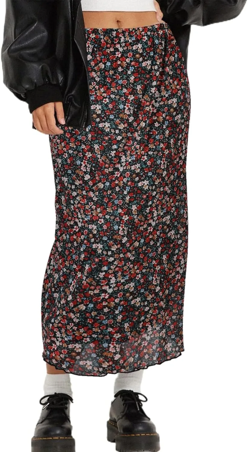 Avanova Women Mesh Floral Boho High Waist Midi Skirt Lettuce Trim Summer A Line Skirt