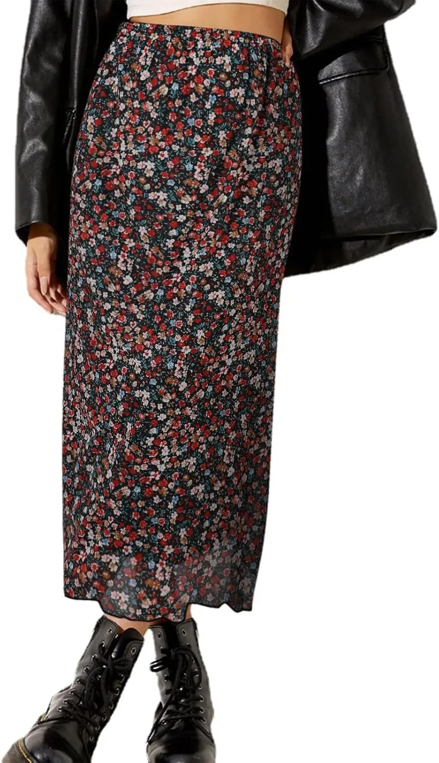 Avanova Women Mesh Floral Boho High Waist Midi Skirt Lettuce Trim Summer A Line Skirt