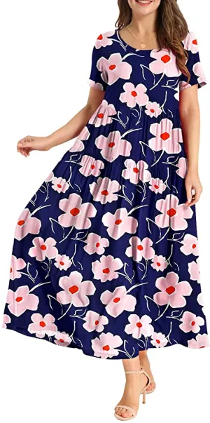 Blue Pink Women Casual Loose Bohemian Floral Dress with Pockets Short Sleeve Long Maxi Summer Beach Swing Dress - Yesno