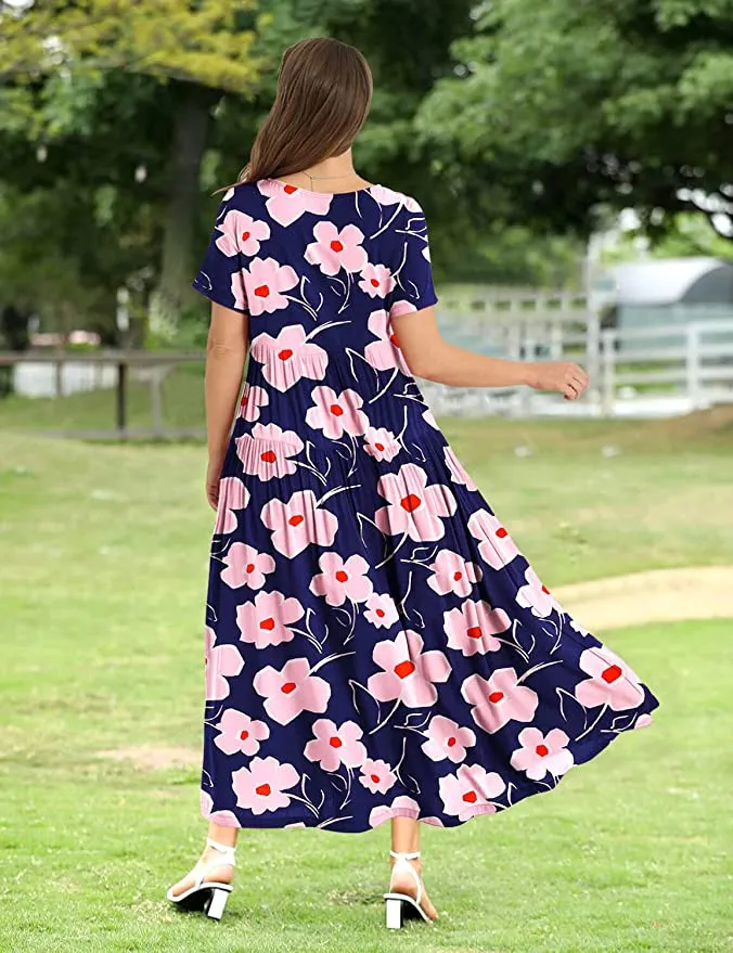 Blue Pink Women Casual Loose Bohemian Floral Dress with Pockets Short Sleeve Long Maxi Summer Beach Swing Dress - Yesno