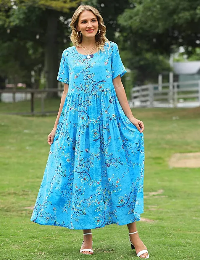Blue Women Casual Loose Bohemian Floral Dress with Pockets Short Sleeve Long Maxi Summer Beach Swing Dress - Yesno