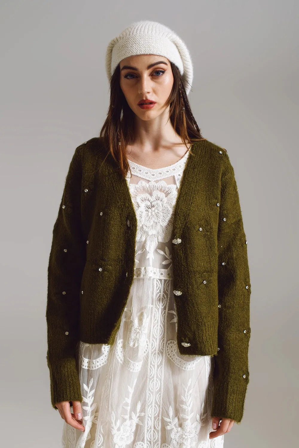 Brown cardigan with knitted flowers and embellished details in Military Green