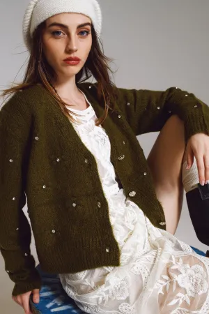 Brown cardigan with knitted flowers and embellished details in Military Green