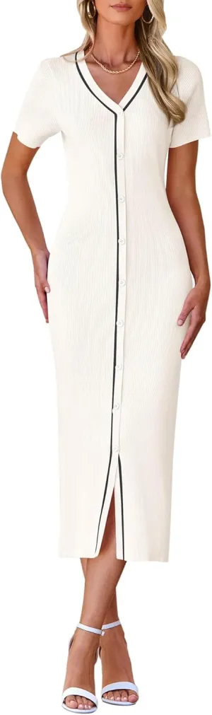 BTFBM Casual Women Spring Dresses 2025 Knit Bodycon Sweater Summer Dress Decorative Button V Neck Long Dress