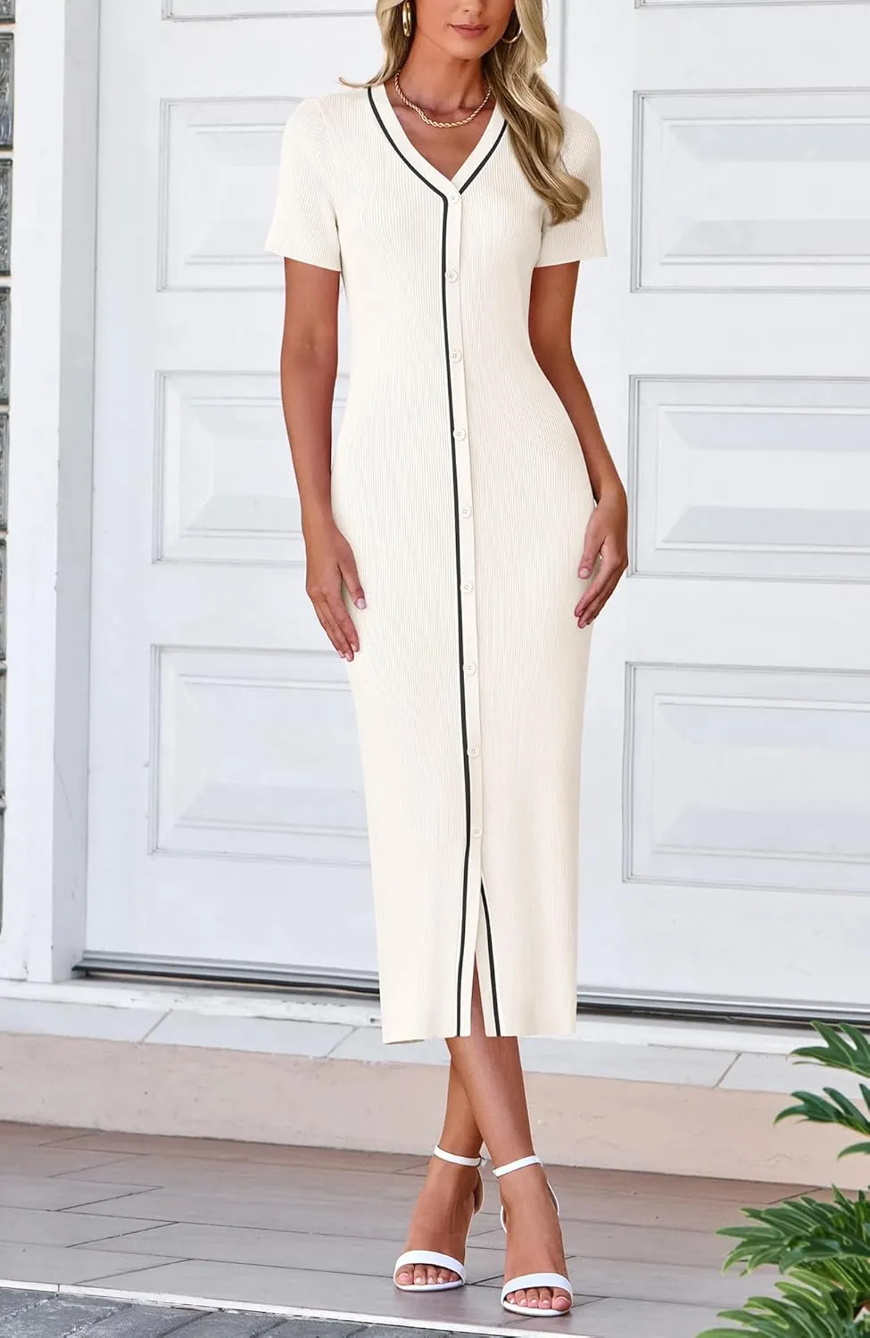 BTFBM Casual Women Spring Dresses 2025 Knit Bodycon Sweater Summer Dress Decorative Button V Neck Long Dress
