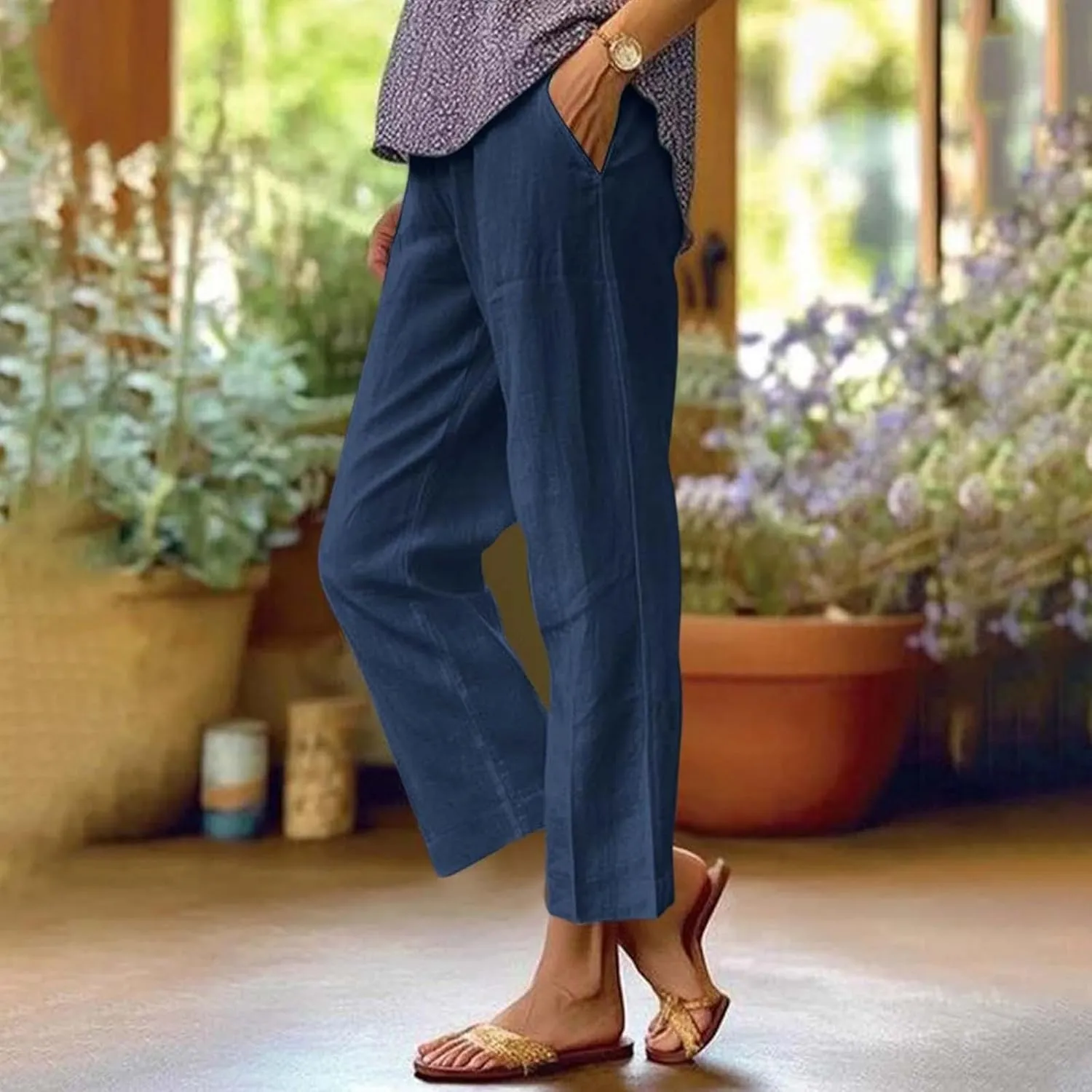 Capri Pants for Women Casual Straight Leg Lounge Trousers Elastic High Waist Lightweight Comfy Soft Palazzo Pants