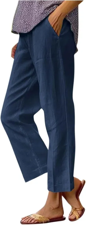 Capri Pants for Women Casual Straight Leg Lounge Trousers Elastic High Waist Lightweight Comfy Soft Palazzo Pants