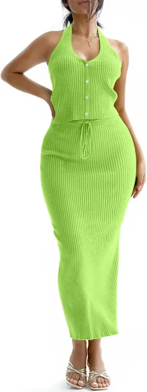 CHERFLY Womens 2 Piece Outfits 2025 Summer Sweater Skirt Sets Halter Top Midi Bodycon Dress