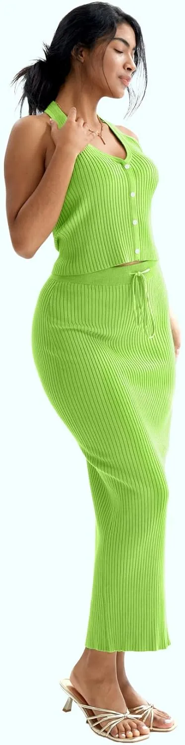 CHERFLY Womens 2 Piece Outfits 2025 Summer Sweater Skirt Sets Halter Top Midi Bodycon Dress