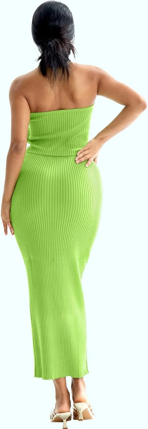 CHERFLY Womens 2 Piece Outfits 2025 Summer Sweater Skirt Sets Halter Top Midi Bodycon Dress