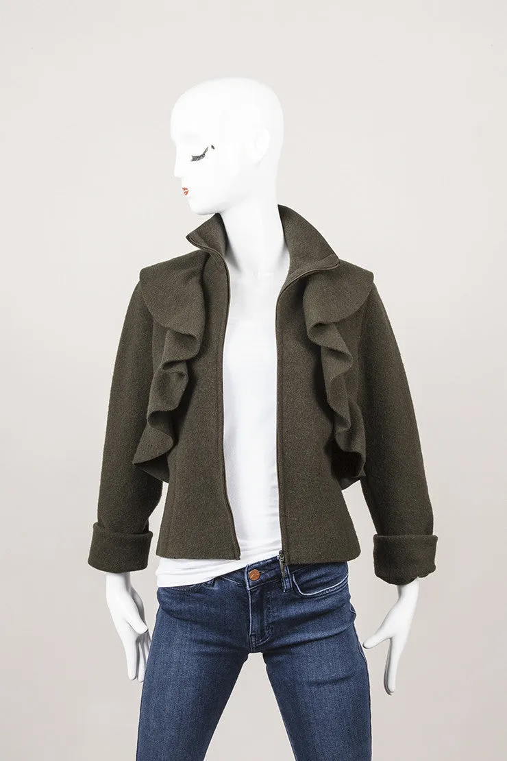Dark Green Felted Wool Ruffle Trim Jacket