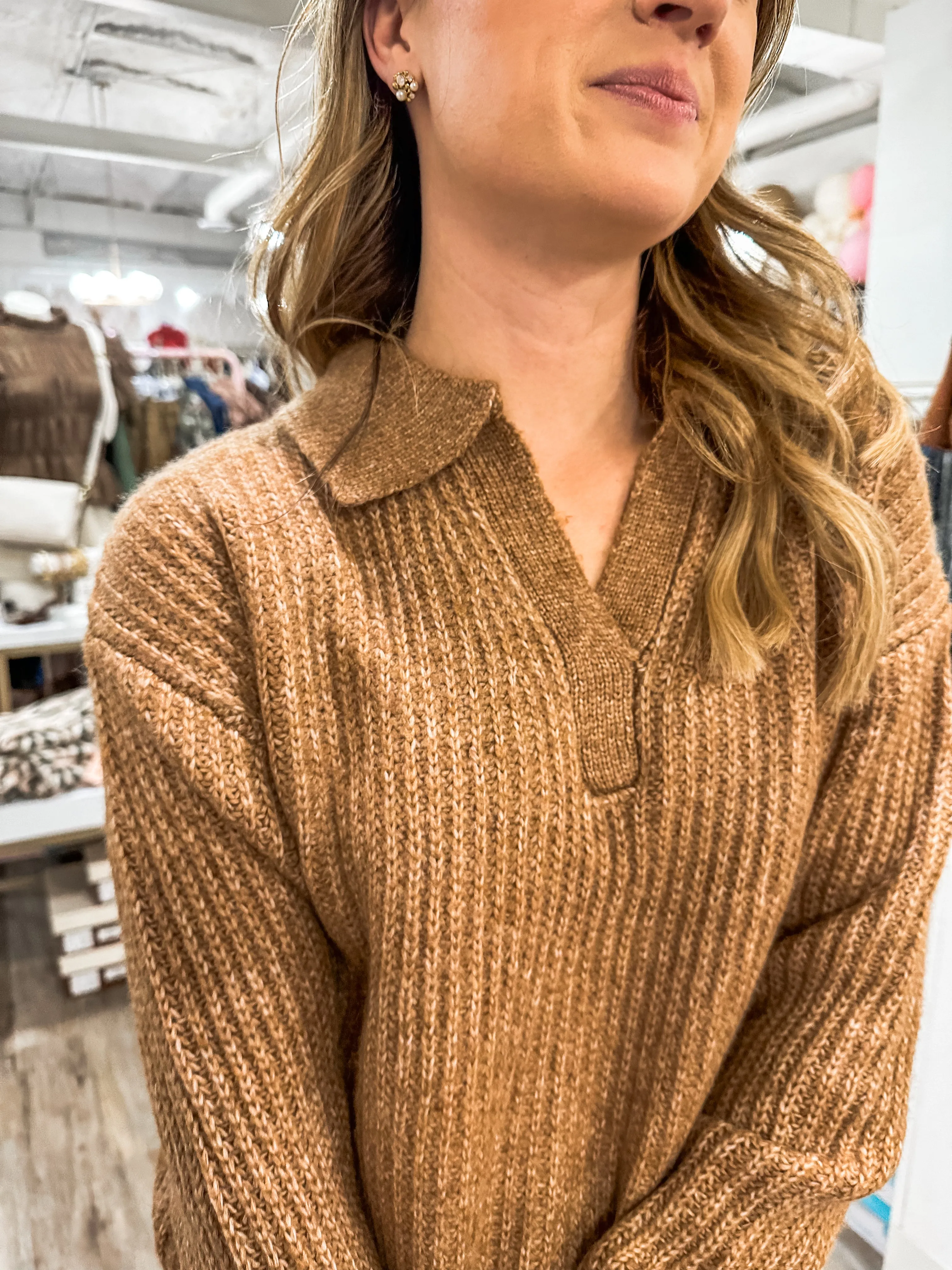 Deep Camel Chunky Collar Knit Sweater
