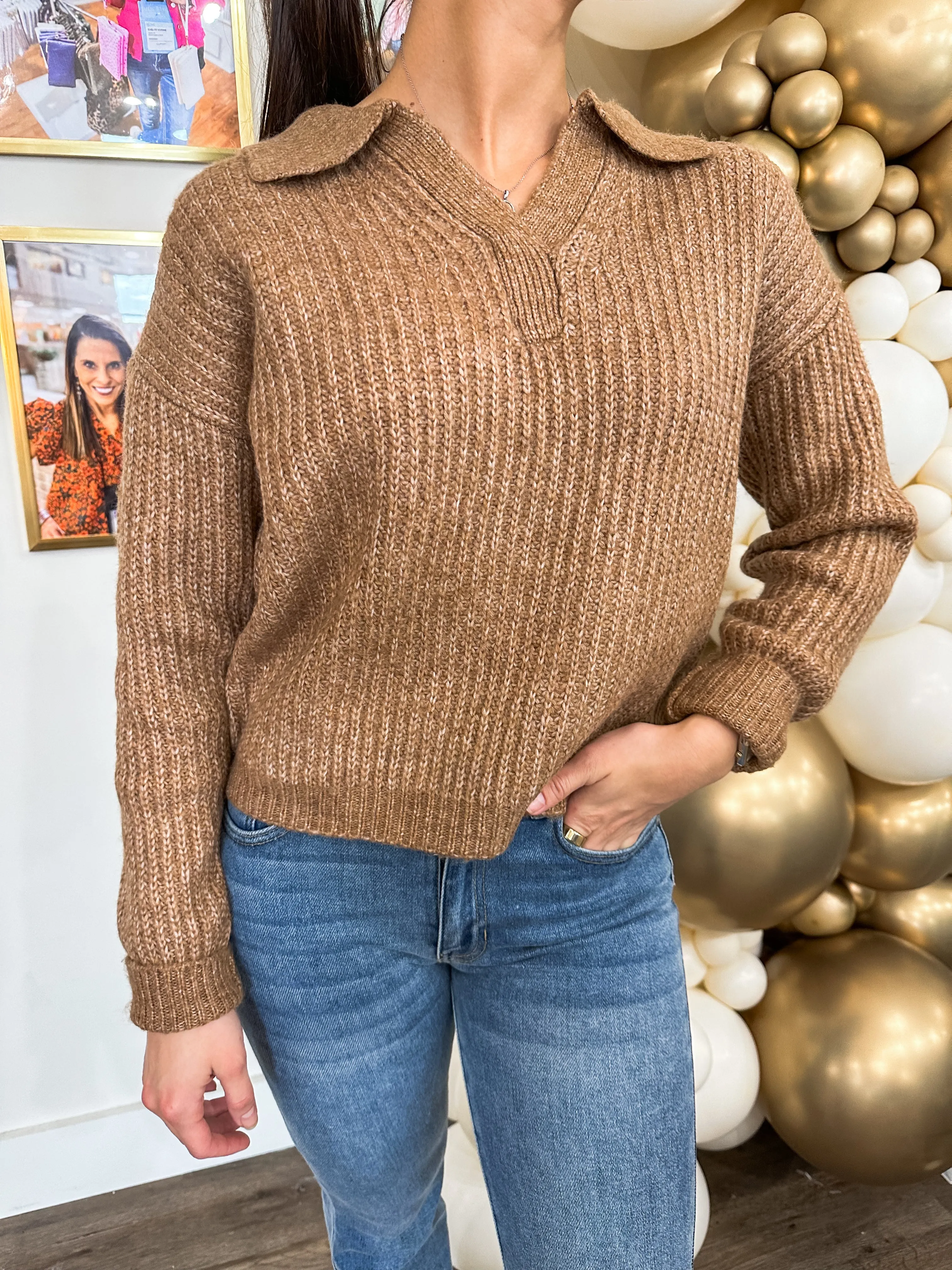 Deep Camel Chunky Collar Knit Sweater