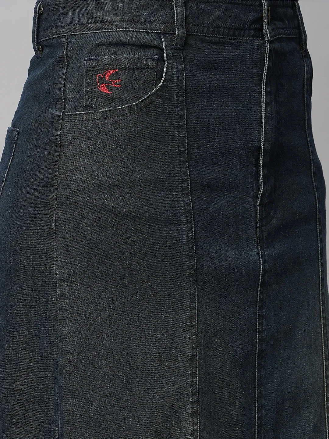 DIRTY WASH DENIM PANELLED A-LINE MAXI SKIRT