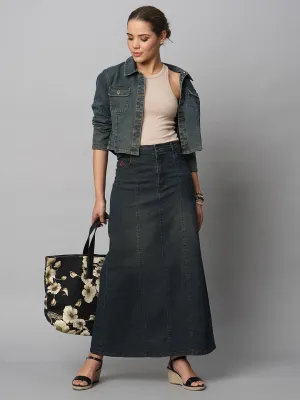 DIRTY WASH DENIM PANELLED A-LINE MAXI SKIRT