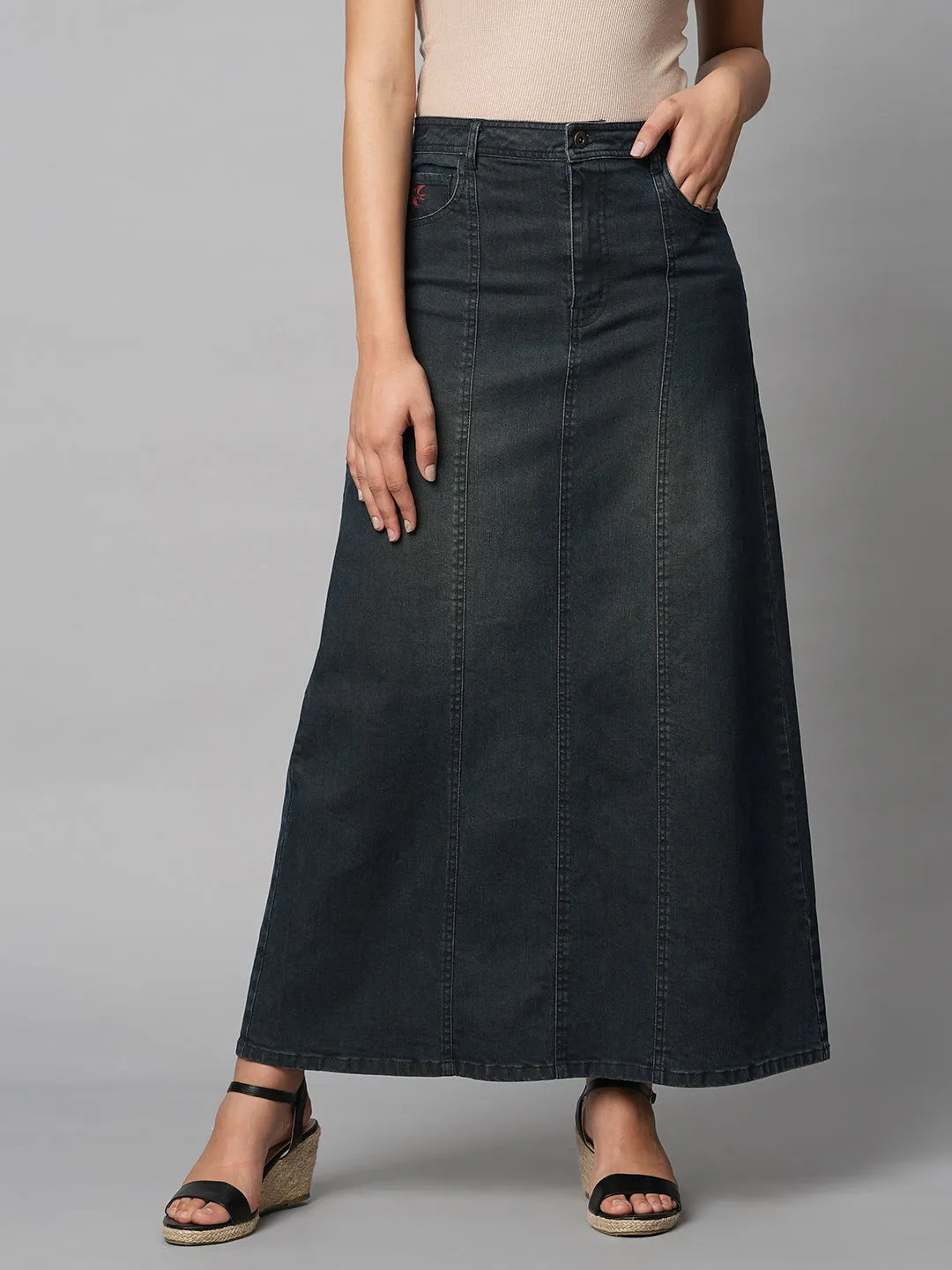 DIRTY WASH DENIM PANELLED A-LINE MAXI SKIRT