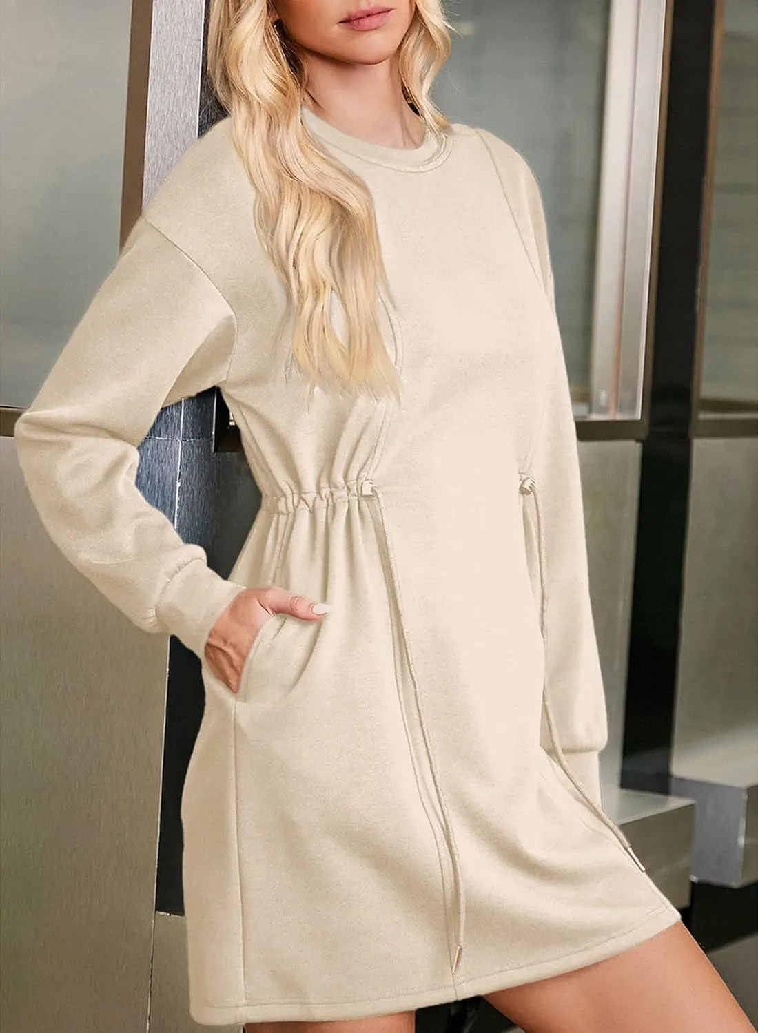 Dokotoo Women's Drawstrings Waistband Long Sleeves Crew Neck Sweatshirt Casual Mini Dress