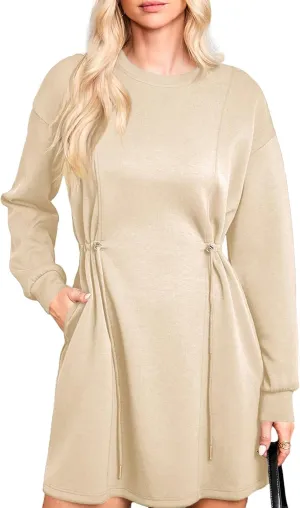 Dokotoo Women's Drawstrings Waistband Long Sleeves Crew Neck Sweatshirt Casual Mini Dress