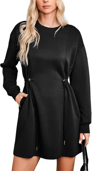 Dokotoo Women's Drawstrings Waistband Long Sleeves Crew Neck Sweatshirt Casual Mini Dress