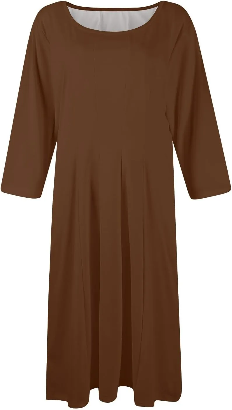 Dress for Women Casual Spring 3/4 Sleeve Ruched Dresses Midi Crew Neck A Line Solid Color with Pockets