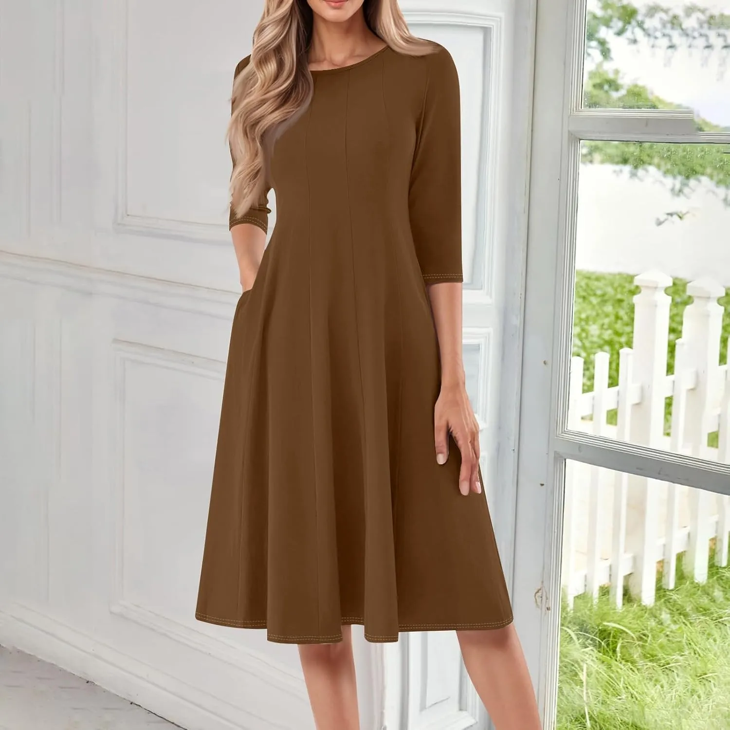Dress for Women Casual Spring 3/4 Sleeve Ruched Dresses Midi Crew Neck A Line Solid Color with Pockets
