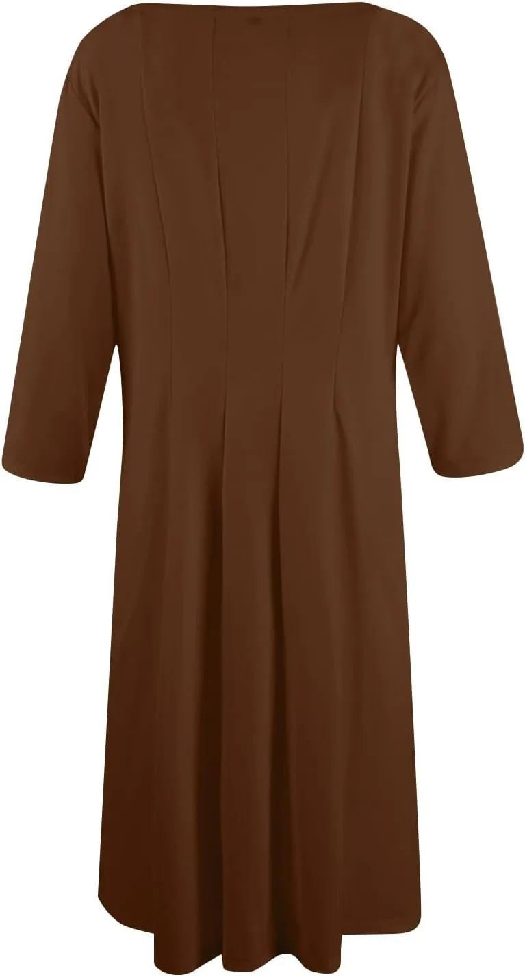 Dress for Women Casual Spring 3/4 Sleeve Ruched Dresses Midi Crew Neck A Line Solid Color with Pockets