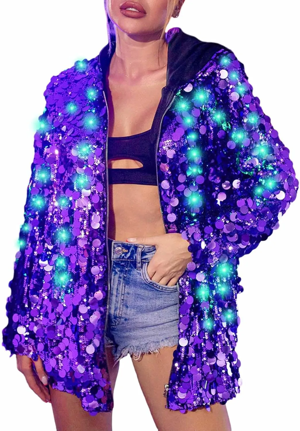 Edary Women's Light Up Hooded Sequin Jacket Coat Glowing Sparkly Long Sleeve Blazer Party Night Club New Years Jackets