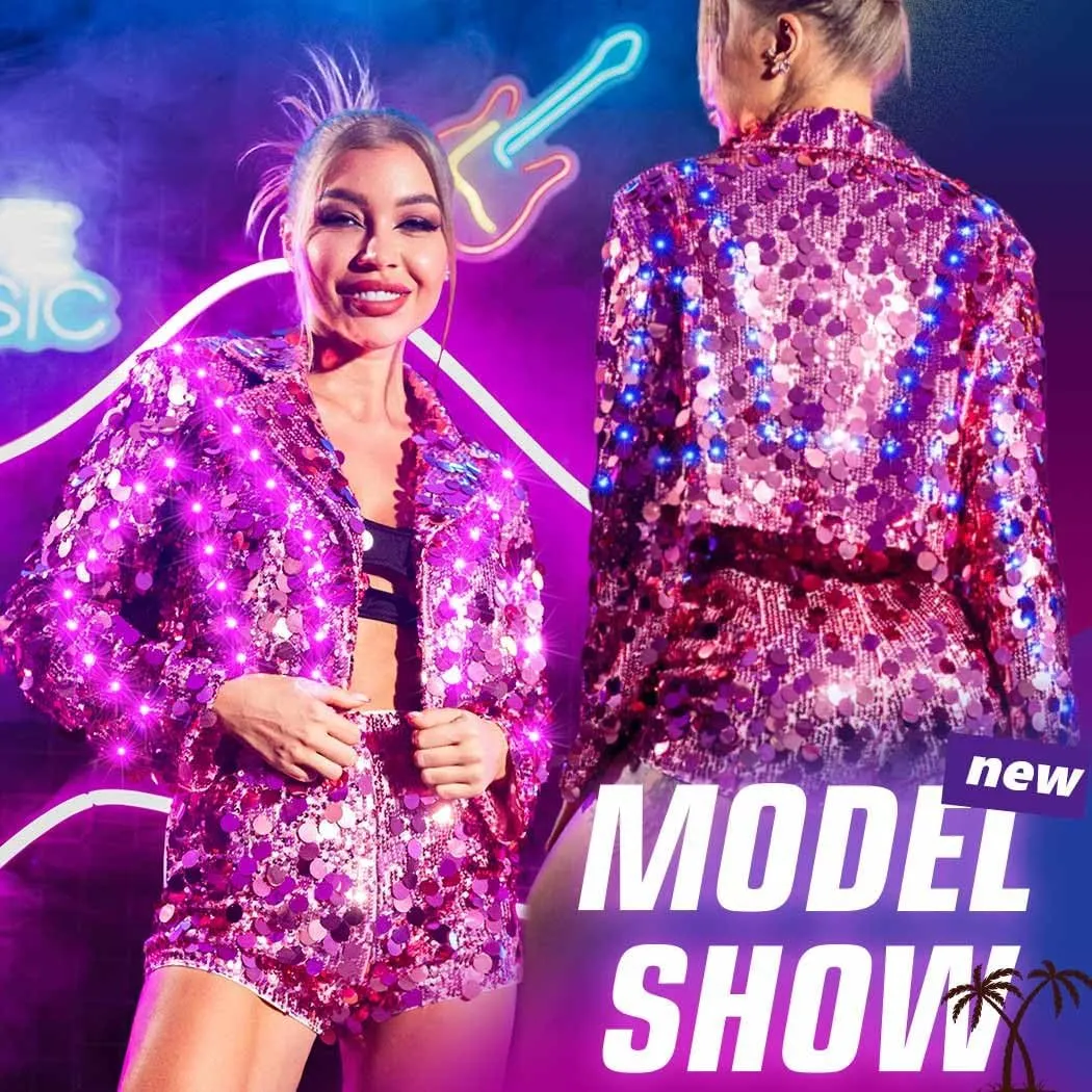 Edary Women's Light Up Sequin Jacket Coat Sparkly Long Sleeve Blazer Night Club Party New Years Glowing Jackets