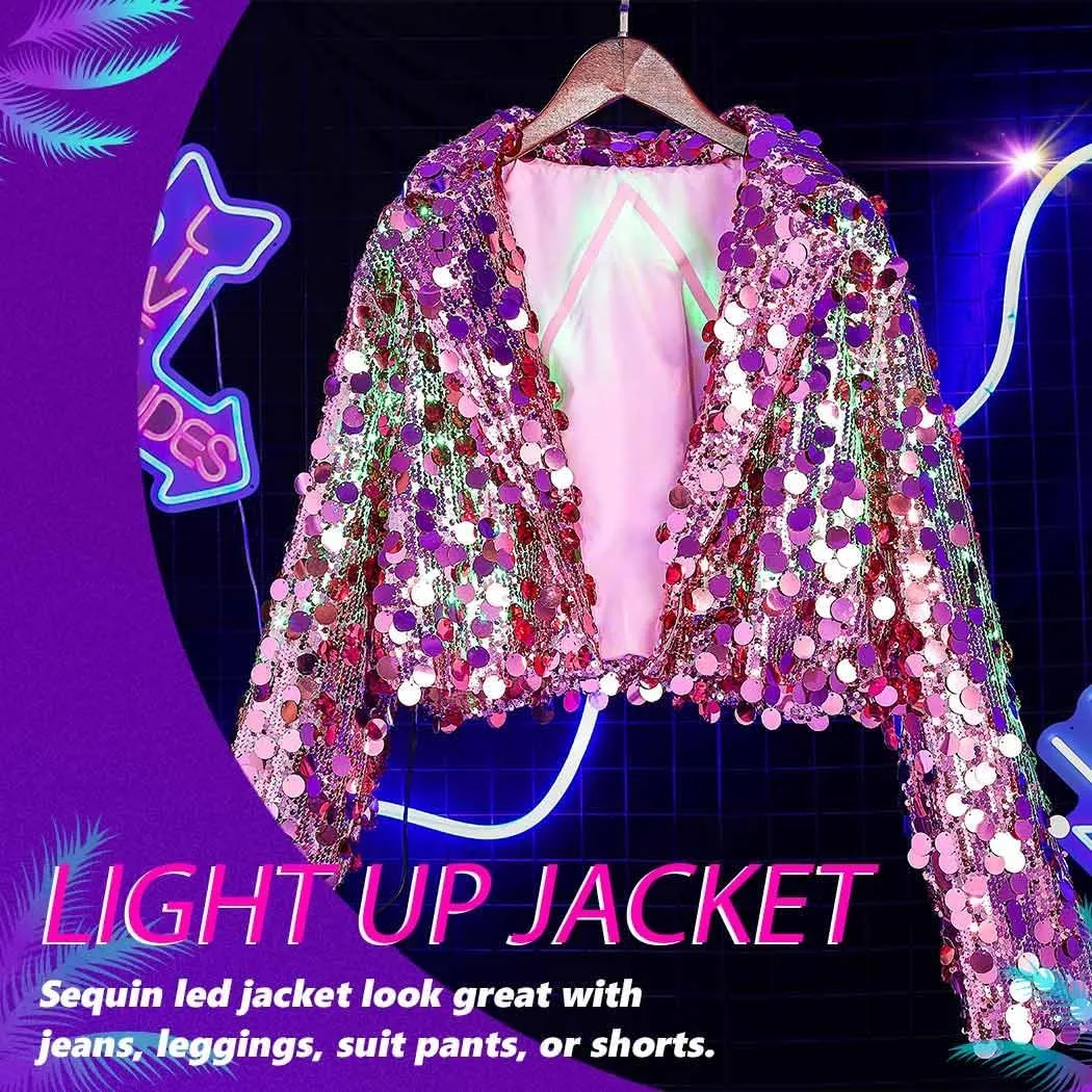 Edary Women's Light Up Sequin Jacket Coat Sparkly Long Sleeve Blazer Night Club Party New Years Glowing Jackets