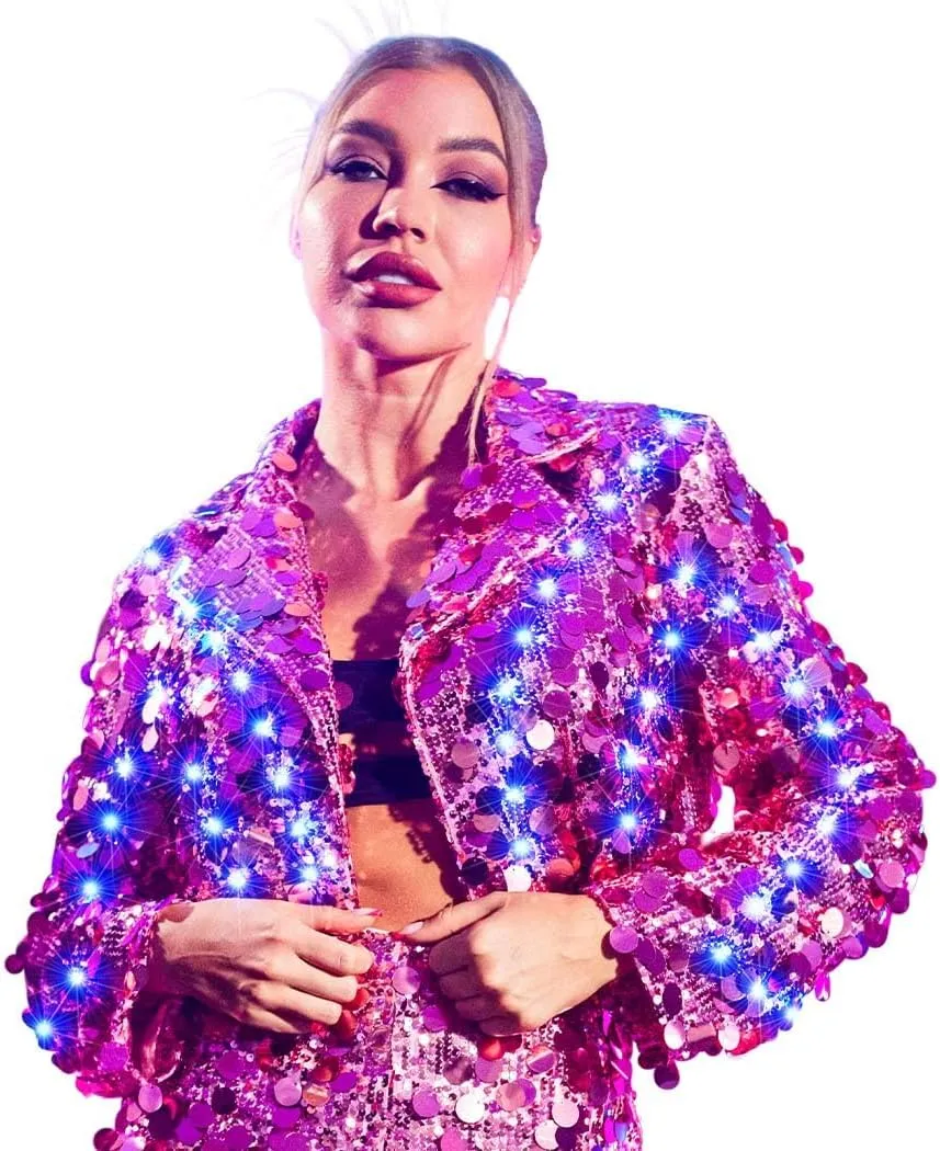 Edary Women's Light Up Sequin Jacket Coat Sparkly Long Sleeve Blazer Night Club Party New Years Glowing Jackets