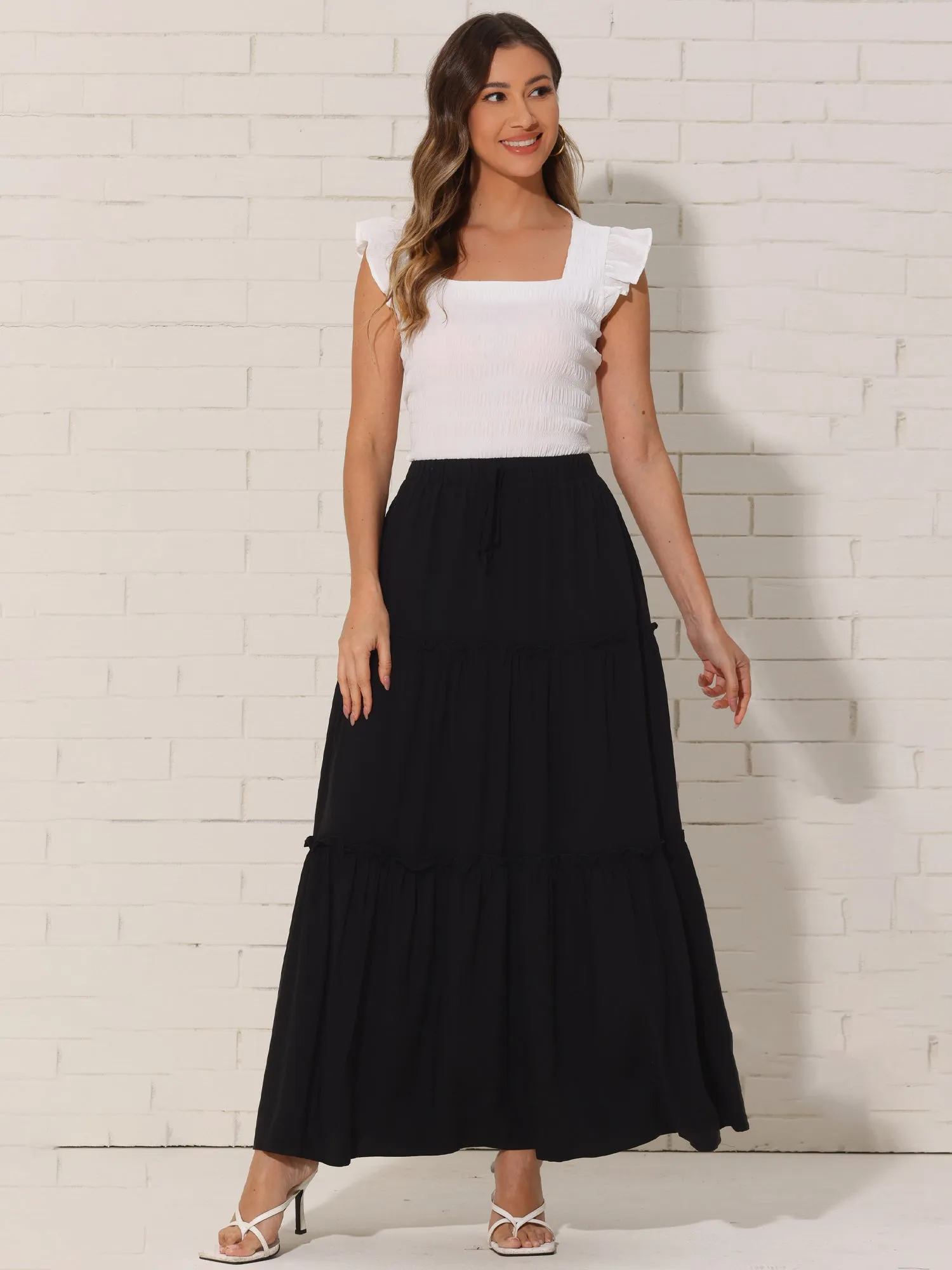 Elastic High Waist Ruched Tiered A-Line Maxi Skirts