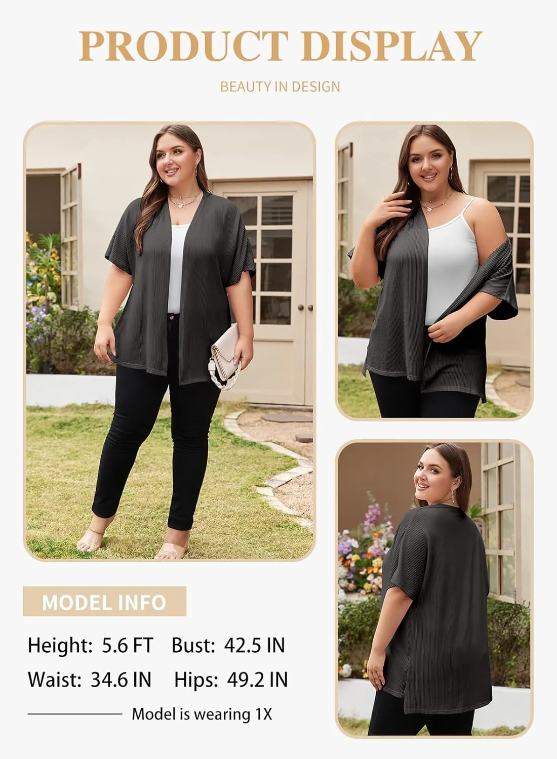 Eytino Women Plus Size Lightweight Cardigan Half Sleeve Ribbed Knit Kimono Cardigans Tops(1X-5X)