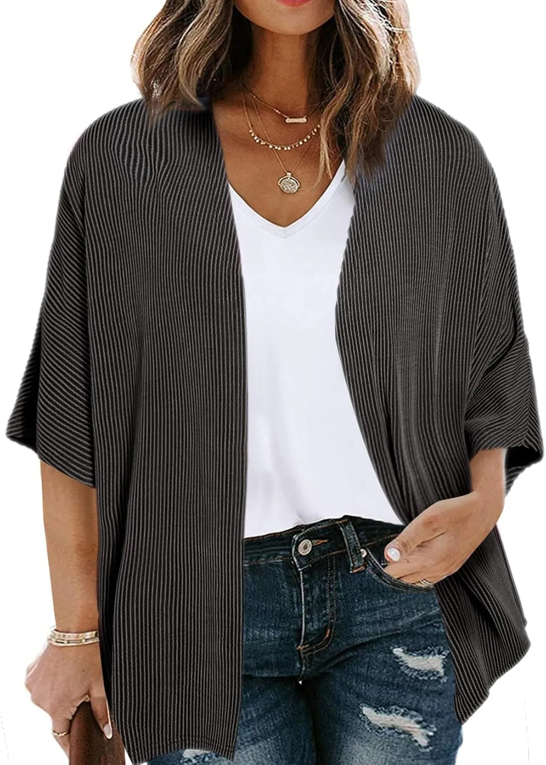 Eytino Women Plus Size Lightweight Cardigan Half Sleeve Ribbed Knit Kimono Cardigans Tops(1X-5X)