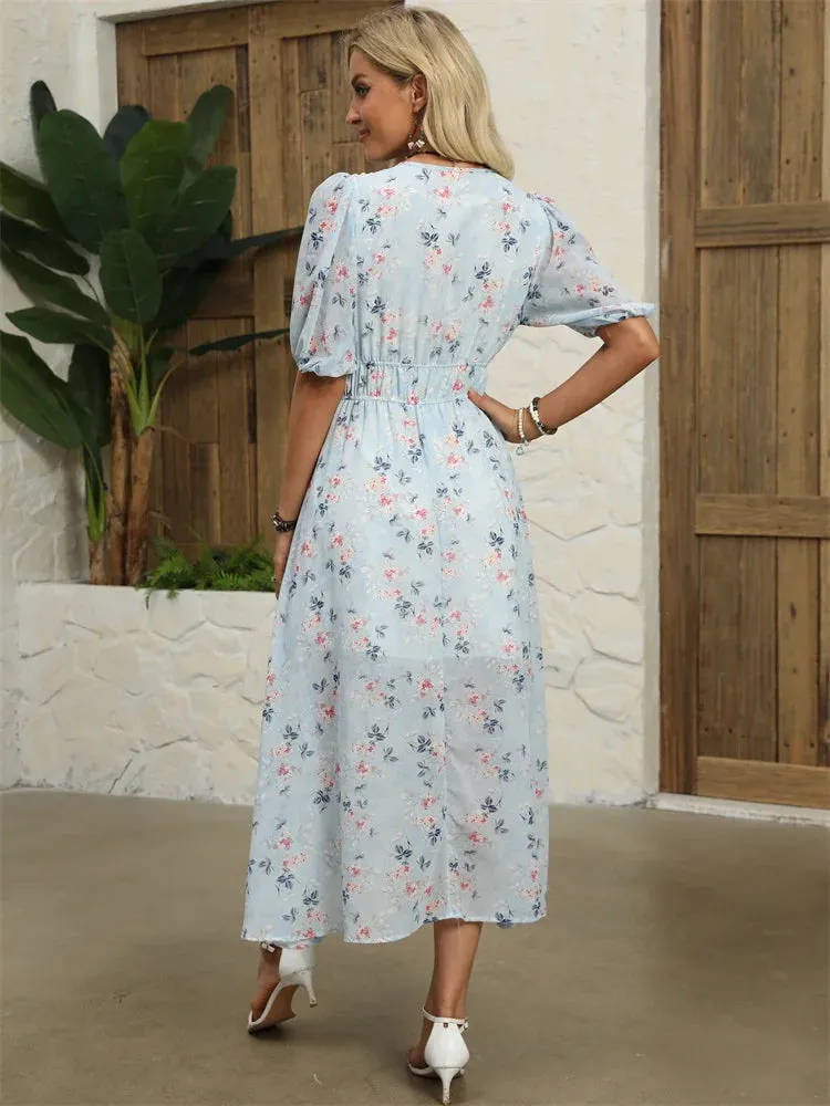 Floral Chiffon Midi Dress with V-Neck - Light and Airy