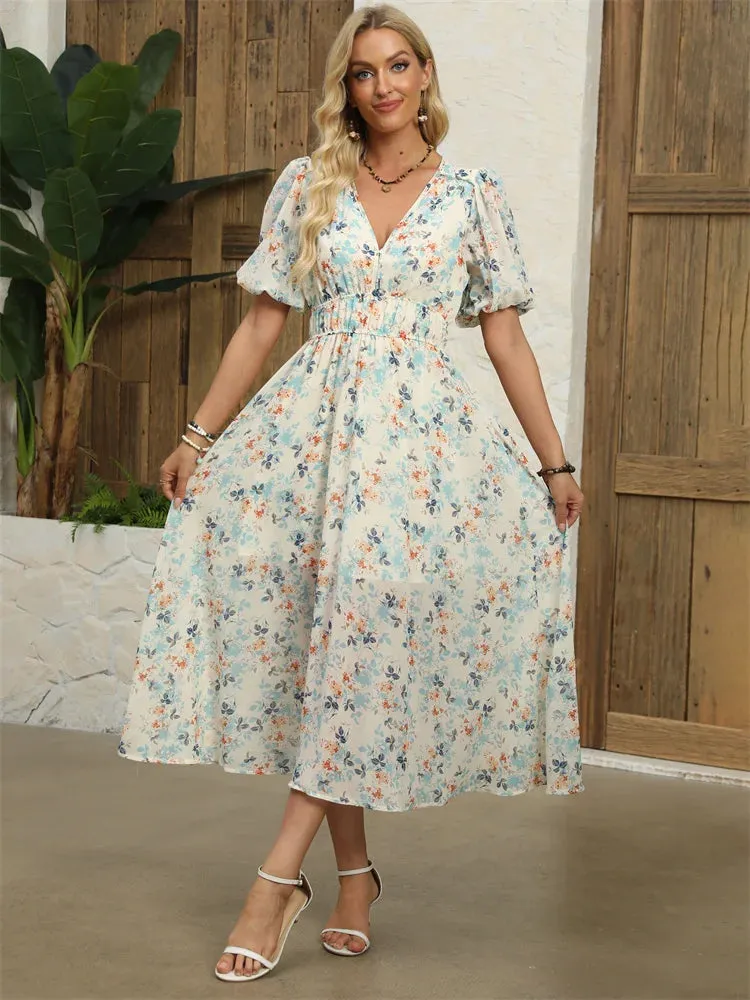 Floral Chiffon Midi Dress with V-Neck - Light and Airy