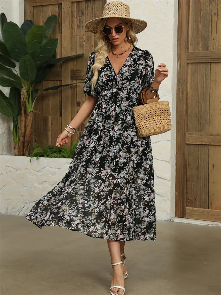 Floral Chiffon Midi Dress with V-Neck - Light and Airy