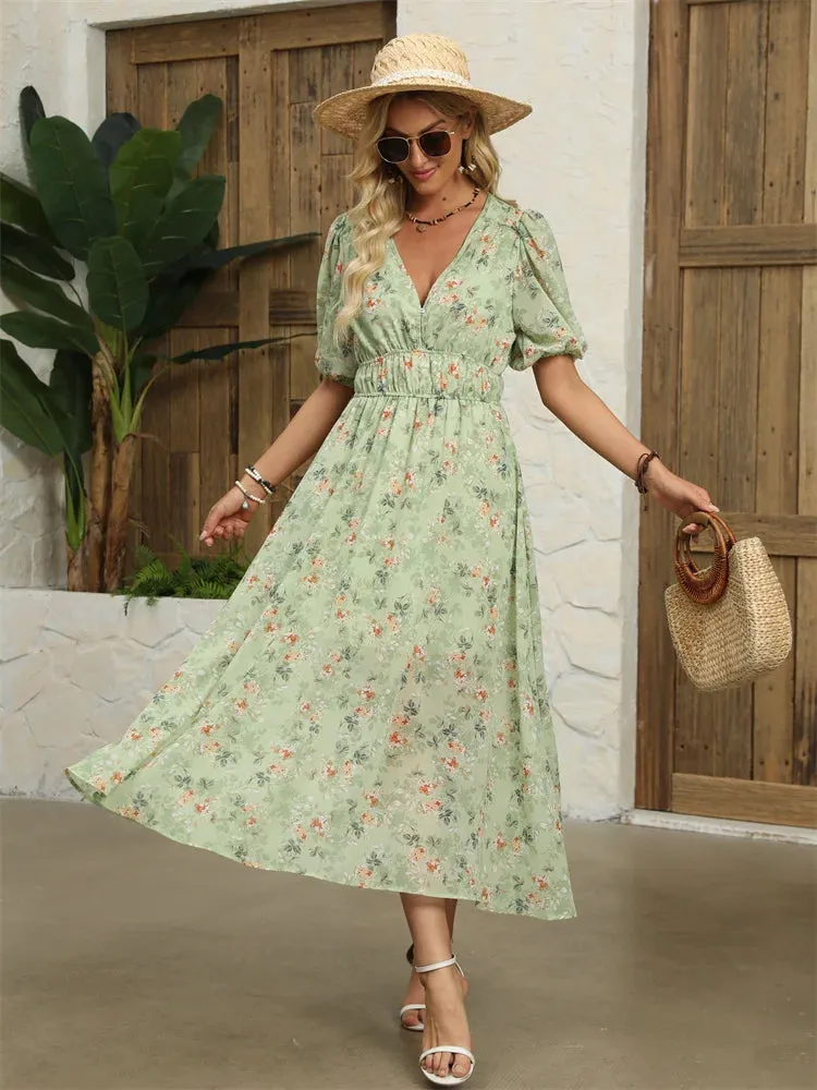 Floral Chiffon Midi Dress with V-Neck - Light and Airy