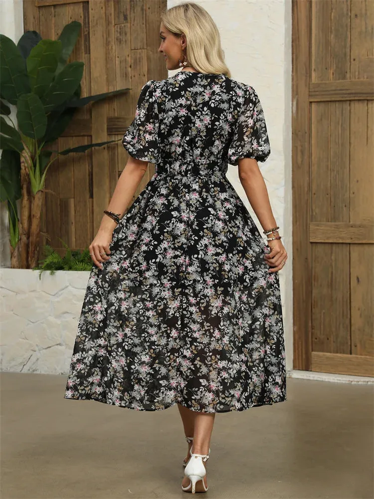 Floral Chiffon Midi Dress with V-Neck - Light and Airy